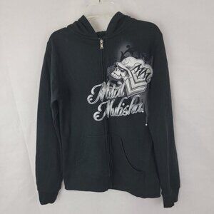 METAL MULISHA Womens Hoodie Sz SMALL Full Zip BLACK Skull Wings Goth Rhinestone